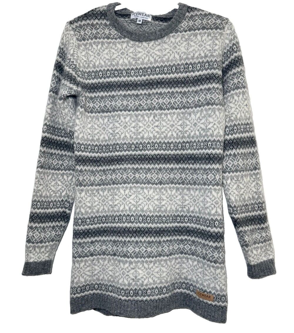 Icewear Urdur Women M Wool Angora Nordic Fair Isle Long Sweater Gray